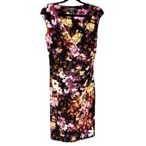 Ralph Lauren Dark Floral Surplice Neckline Faux Wrap Black Purple Sheath Dress